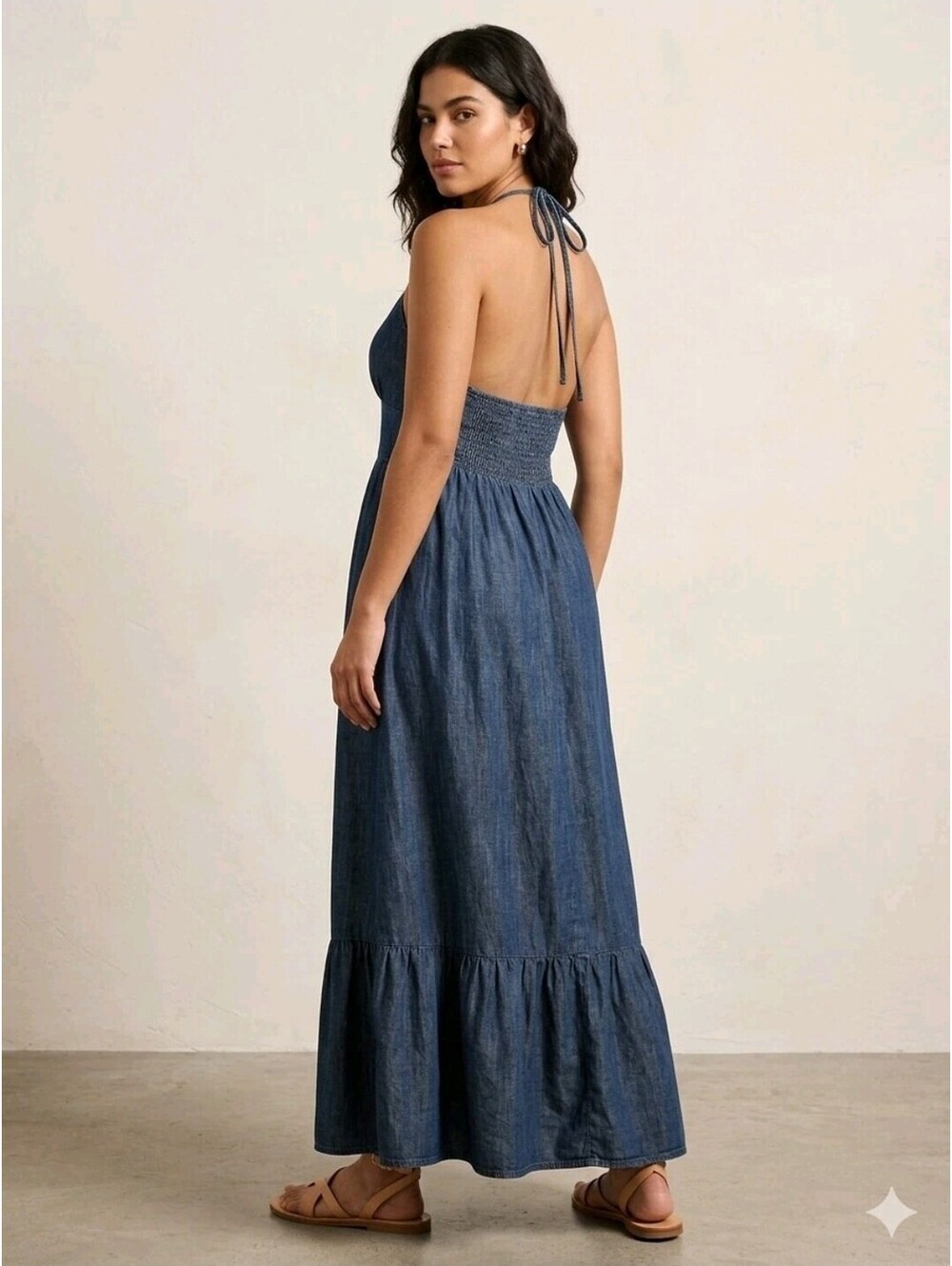 New York & Company Maxi Dress Women’s Sz M Blue Denim Smocked Halter Smocked